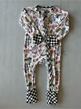 Little Trouble Pink Black Cartoon‎ Print Bamboo Romper Checker Trim 12-18M